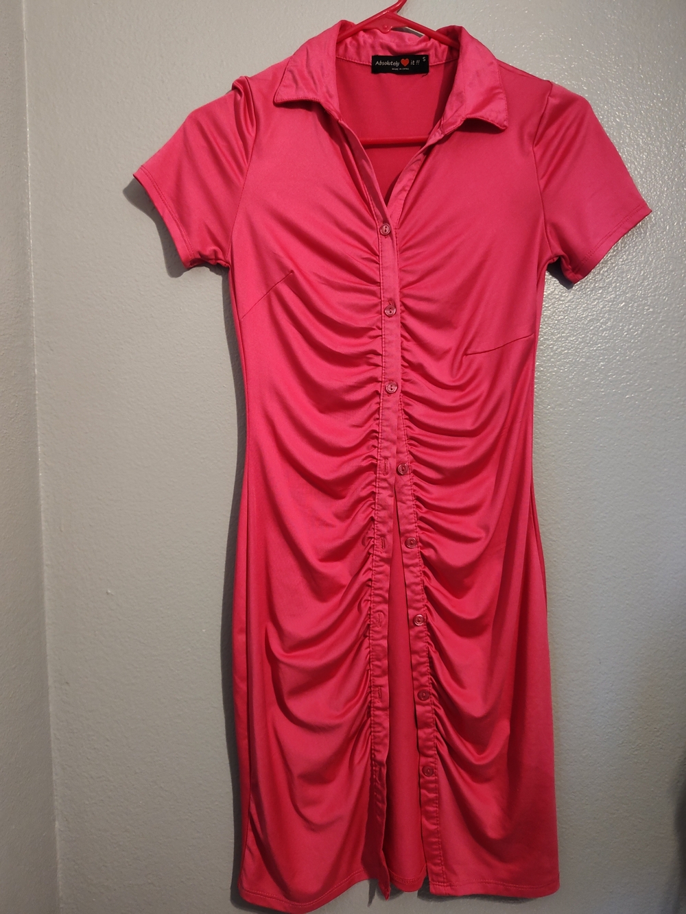 Ruched Pink Button-Front Dress Size S Midi Women's